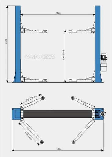 Kích thước cầu nâng 2 trụ 4 tấn cổng dưới
