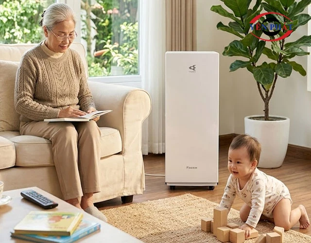 Máy lọc không khí tạo ẩm Daikin MCK70X-W gia đình có trẻ nhỏ