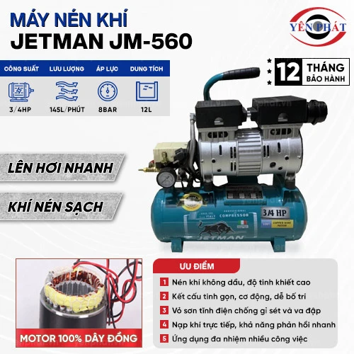 Máy nén khí không dầu Jetman JM-560 3/4HP 12L 2